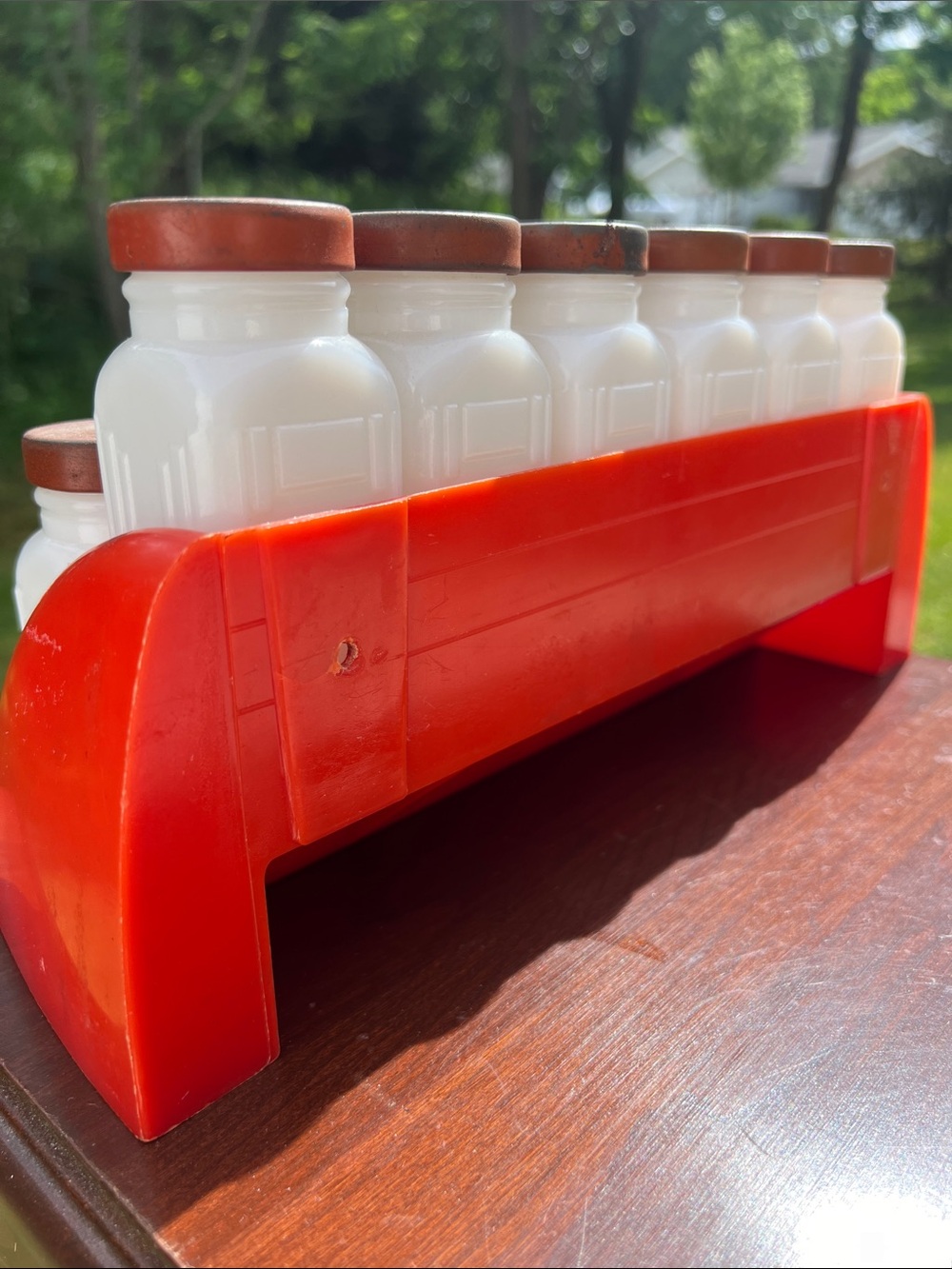 Vtg MCM Atomic Griffith's 12 Piece Milk Glass Spice Jar Set Red Rack Red Lid - Picture 13 of 15